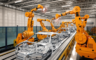 Rendering-Roboter-Fließband in einer Autofabrik